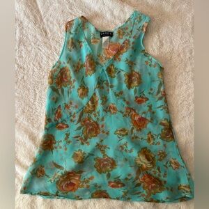 Floral Sleeveless Top - Turquoise and Brown Vintage
